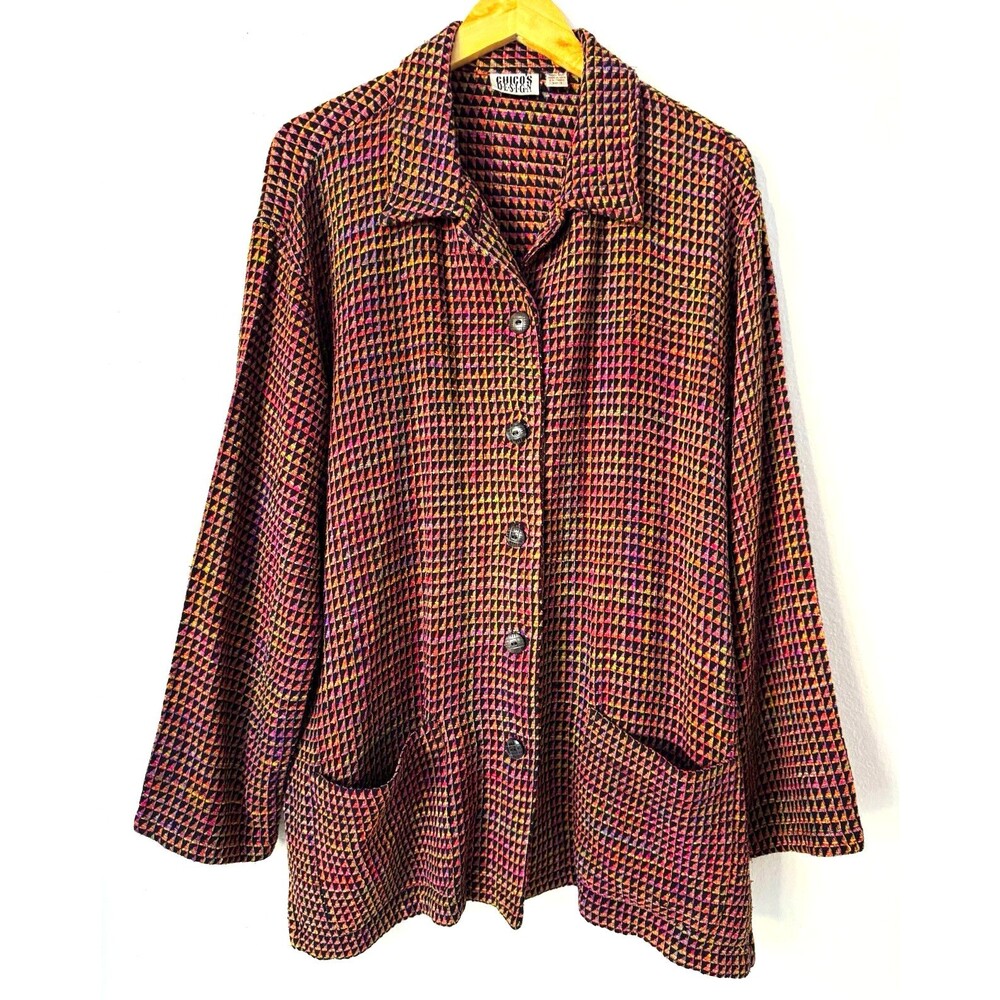 Vintage Chicos Design 100% Silk Tweed Shirt Jacket Womens XL Boho Indie Pockets